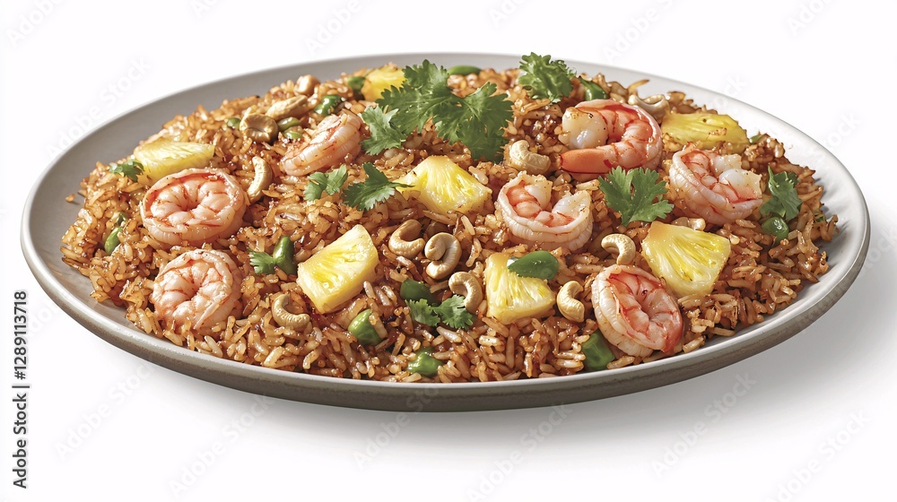 plate of Thai fried rice with pineapple, shrimp, and cashews, garnished with cilantro, isolated on white. fried rice, pineapple, shrimp, cashews, cilantro, Thai food, savory, sweet, isolated, plate of Thai fried rice with pineapple, shrimp, and cashews, garnished with cilantro, isolated on white. fried rice, pineapple, shrimp, cashews, cilantro, Thai food, savory, sweet, isolated,