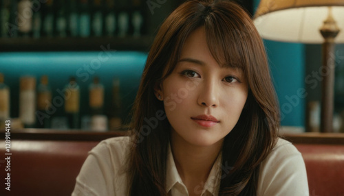 Wallpaper Mural Portrait of a young woman with long brown hair in a dimly lit bar, elegant atmosphere with soft lighting and vintage decor, cinematic mood and depth of emotion Torontodigital.ca