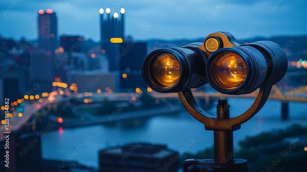 Streetmounted binoculars with an unfocused city skyline in the background Pittsburgh Pennsylvania USA Streetmounted binoculars with an unfocused city skyline in the background Pittsburgh Pennsylvania USA