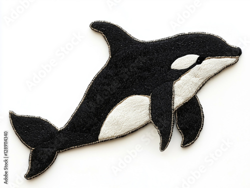 Orca themed textile art, embroidery animal art, isolated on white photo