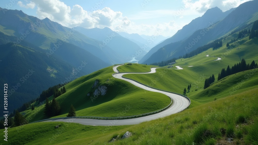Fototapeta premium winding mountain road green valley landscape