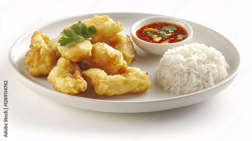 plate of Thai-style fried chicken with sticky rice and sweet chili sauce, isolated on a white background. Thai fried chicken, sticky rice, sweet chili sauce, Thai food, savory, fried, Thai cuisine, plate of Thai-style fried chicken with sticky rice and sweet chili sauce, isolated on a white background. Thai fried chicken, sticky rice, sweet chili sauce, Thai food, savory, fried, Thai cuisine,