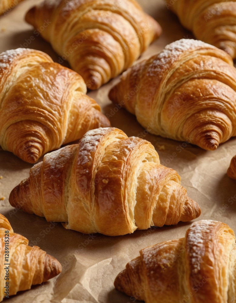Photorealistic macro of a fresh croissant with golden layers Photorealistic macro of a fresh croissant with golden layers