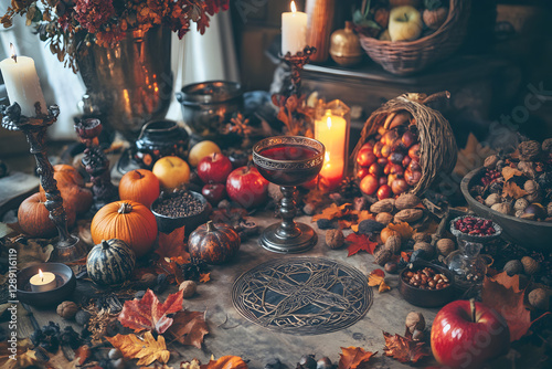 A symmetrically arranged Mabon altar inside a cozy home, decorated with autumn leaves, acorns, and deep red, orange, and brown candles. A chalice filled with spiced wine sits in the center, surrounded