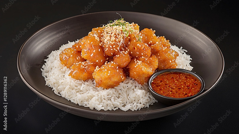 plate of Thai-style fried chicken with sticky rice and sweet chili sauce, isolated on a black background. The crispy chicken and the sticky rice contrast beautifully. fried chicken, sticky rice, plate of Thai-style fried chicken with sticky rice and sweet chili sauce, isolated on a black background. The crispy chicken and the sticky rice contrast beautifully. fried chicken, sticky rice,