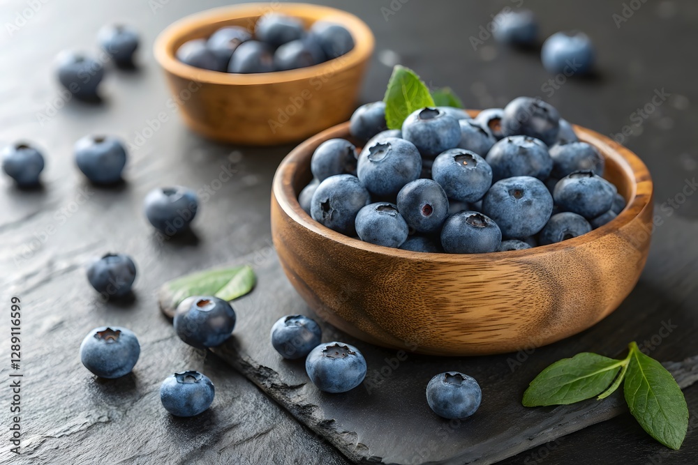 A close-up, appetizing image of fresh blueberries in a wooden bowl. The image focuses on the texture and freshness of the blueberries, with some spilling out of the bowl onto a dark surface A close-up, appetizing image of fresh blueberries in a wooden bowl. The image focuses on the texture and freshness of the blueberries, with some spilling out of the bowl onto a dark surface