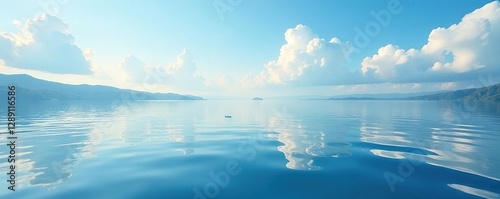 gentle ripples on lake surface with wispy white clouds, calm waters, sky, lake scene
