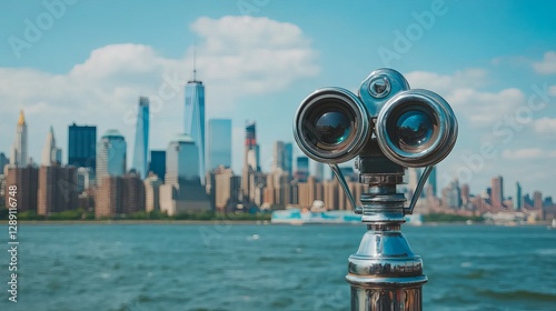 Vintagestyle tourist binoculars on Liberty Island with the Manhattan skyline in the background New York City USA