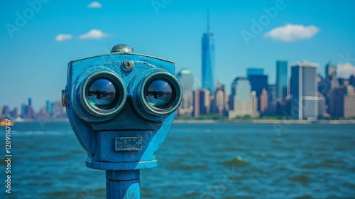 Vintagestyle tourist binoculars on Liberty Island with the Manhattan skyline in the background New York City USA