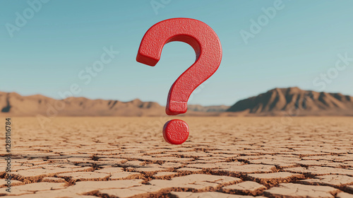 A large red question mark stands prominently on a cracked, dry landscape, symbolizing curiosity or uncertainty in a barren setting.