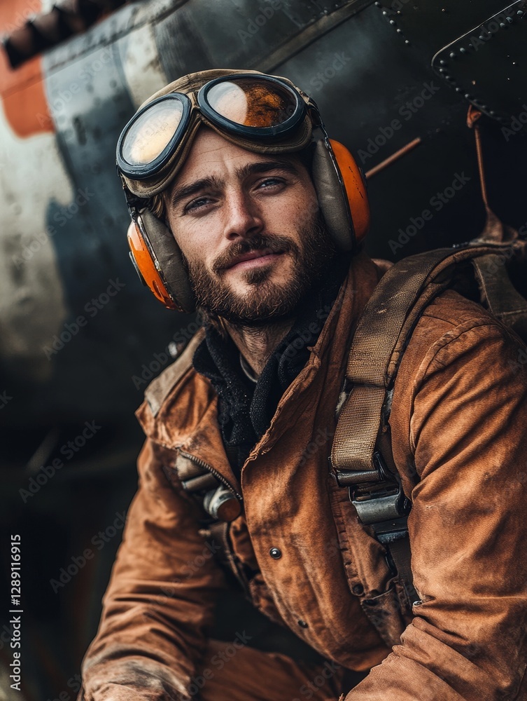 Fototapeta premium Vintage Aviator Near Airplane - A man in vintage aviator gear sits near an old airplane, showcasing a rugged and adventurous spirit