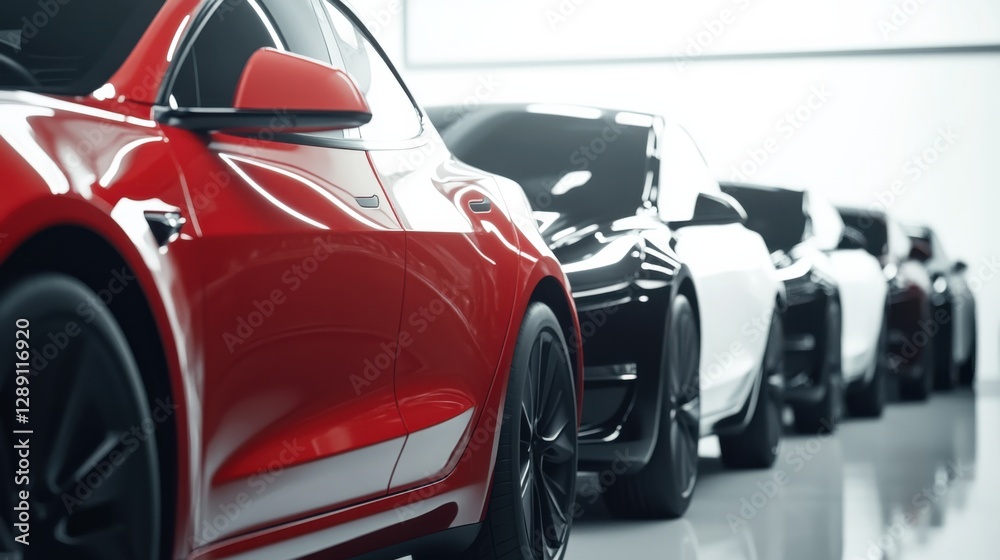 A car showroom featuring electric performance hatchbacks. Featuring speed and eco-luxury