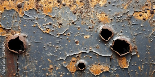 Close-up of a cracked and peeling metal surface with rust and holes, showing decay and texture. photo