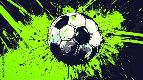 A dynamic illustration of a soccer ball set against a vibrant green paint splatter background, evoking energy and passion for the sport.
