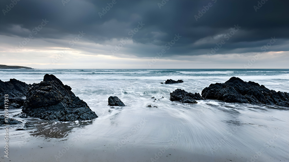Dark Stormy Seascape with Rocky Beach and Dramatic Clouds Dark Stormy Seascape with Rocky Beach and Dramatic Clouds
