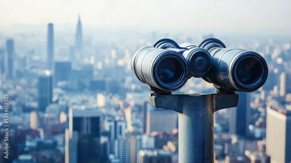 A mounted binocular telescope positioned on the rooftop of a building A mounted binocular telescope positioned on the rooftop of a building