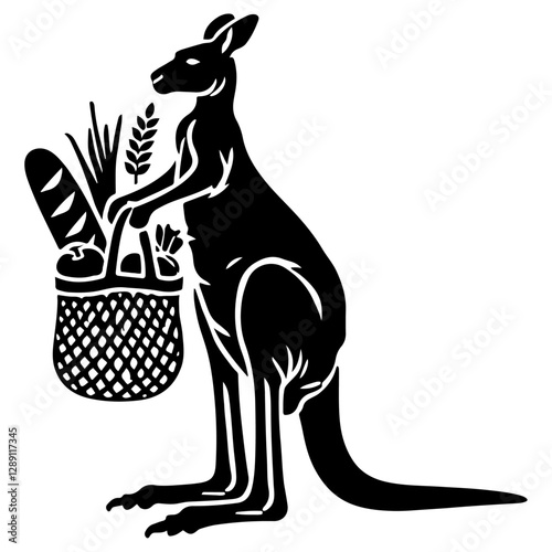 Kangaroo with shopping basket. Stylized black and white illustration of a kangaroo holding a basket full of groceries, blending humor and simplicity.