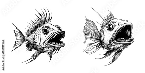 Deep sea monster fish. Black and white illustration of monstrous deep sea fish with sharp teeth and exaggerated features, full of texture and fearsome expression.