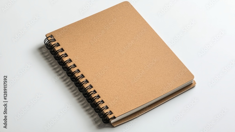 Empty brown kraft notebook with visible spirals, isolated on a clean white tabletop Empty brown kraft notebook with visible spirals, isolated on a clean white tabletop