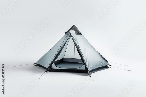 ultralight backpacking tent in sleek modern design positioned against pure white backdrop with dramatic shadows