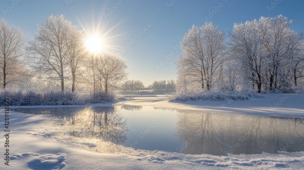 A serene winter landscape featuring frosted trees reflecting in a tranquil pond under a bright sun. A serene winter landscape featuring frosted trees reflecting in a tranquil pond under a bright sun.