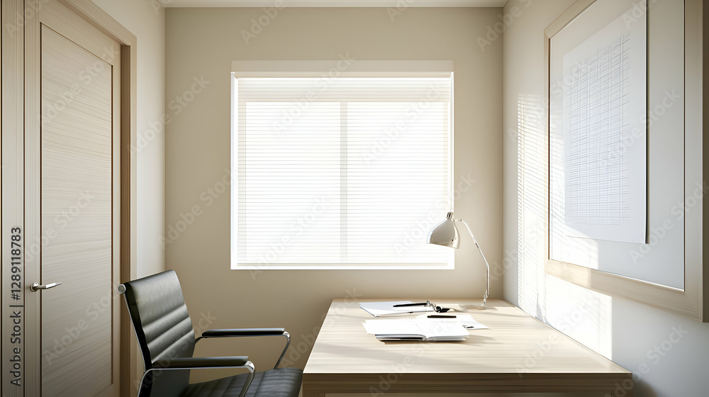 Fototapeta premium Bright Minimalist Home Office with Beige Walls and Natural Light