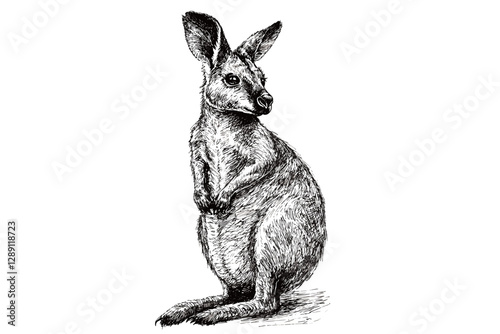 Antique style wallaby illustration, trendy wildlife vector print, black sketch effect, aquatic animal art, vintage print design, rodent, wildlife home decor, vector artwork.