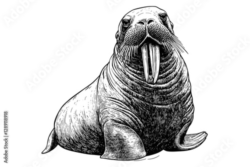 Vintage art of hand-drawn walrus, black sketch effect, animal print, trendy illustration, old engraving style, white background, unique wildlife design, retro print, nature decor.