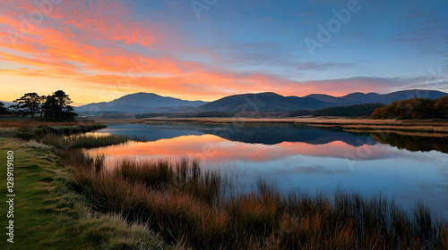 Serene Sunrise Landscape with Mountain Reflections in a Calm Lake