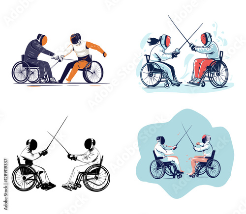 Illustration of wheelchair fencing athletes in action poses, representing inclusive adaptive sports.