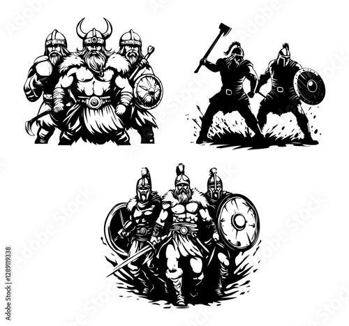 Warrior-themed illustrations of Vikings in battle armor with swords, axes, and shields.