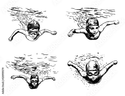 Black and white underwater illustrations of kids swimming freestyle with goggles, in front view.
