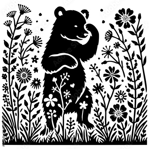Bear surrounded by wildflowers, Whimsical black and white illustration of a bear standing among blooming wildflowers and forest plants in folk art style.