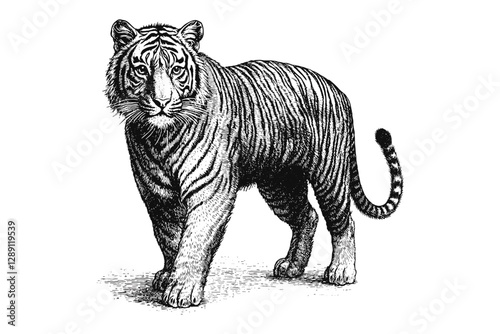 Black sketch tiger in antique style, vintage art, fierce predator illustration, trendy vector drawing, wildlife print design, old engraving style, wildlife artwork.
