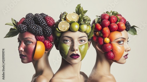 Portraits with fruit-heads blending into human skin tones for a surreal effect.