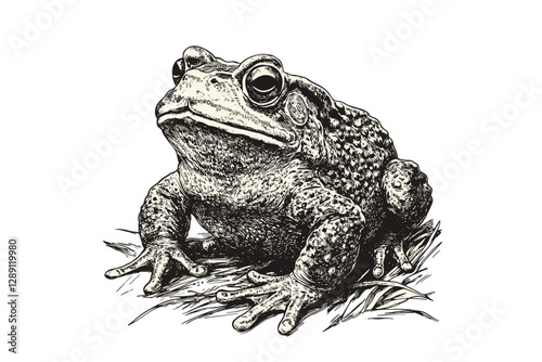 Vintage illustration of amphibian art, hand-drawn toad in old engraving style, black sketch effect, wildlife print, trendy design, white background, retro wildlife artwork.