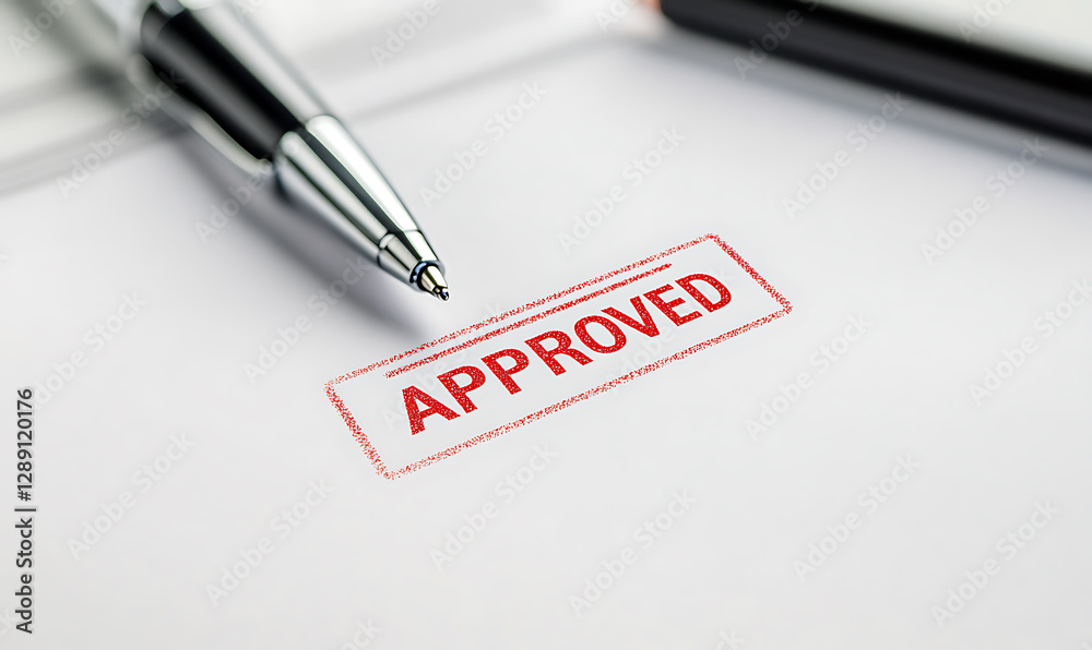 Document approved with pen - Close-up on the red stamp marking, signifying acceptance on a plain sheet of paper, highlighting official confirmation.