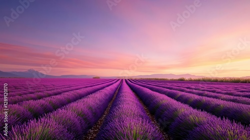 Enchanting lavender fields under a pastel sunset sky  tranquil countryside scene