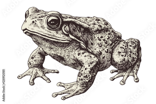 Black sketch effect of a hand-drawn toad, vintage illustration, amphibian art, wildlife print, trendy design, old engraving style, white background, retro wildlife decor.