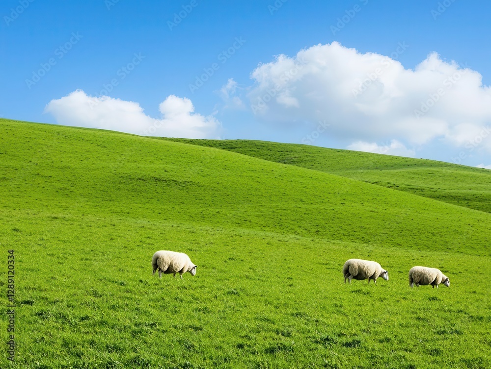 Rolling green hills dotted with grazing sheep under a bright blue sky, peaceful rural life Rolling green hills dotted with grazing sheep under a bright blue sky, peaceful rural life