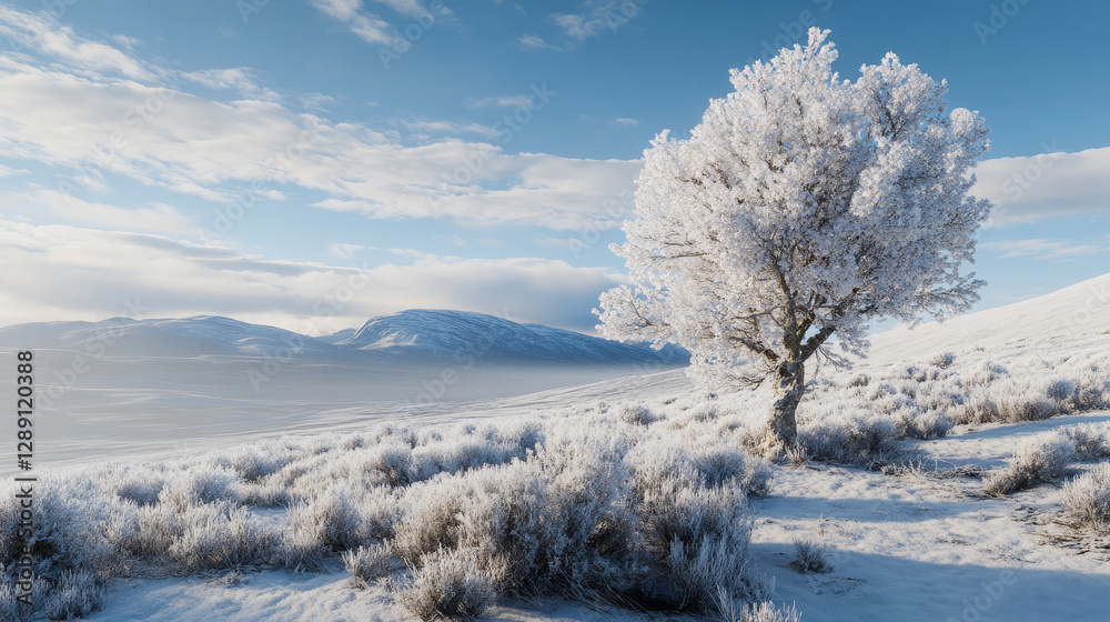 Winter Solitude: Frosty Tree in Snowy Landscape - A single frost-covered tree stands alone in a serene winter landscape, snow-dusted bushes and distant mountains creating a picturesque scene Winter Solitude: Frosty Tree in Snowy Landscape - A single frost-covered tree stands alone in a serene winter landscape, snow-dusted bushes and distant mountains creating a picturesque scene
