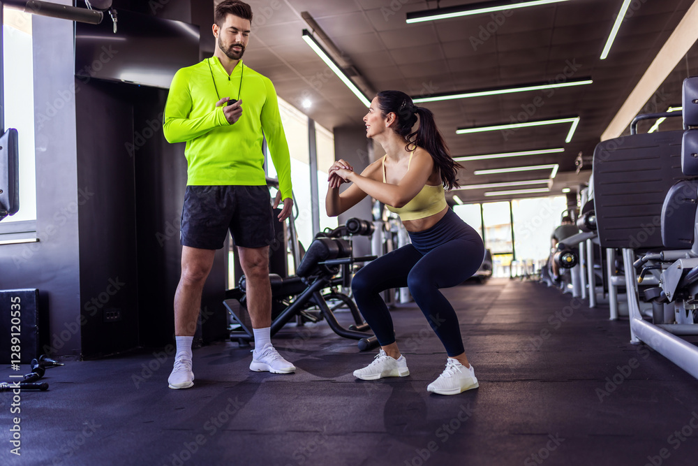 Fototapeta premium Portrait of personal trainer counting reps to a girl doing squats.