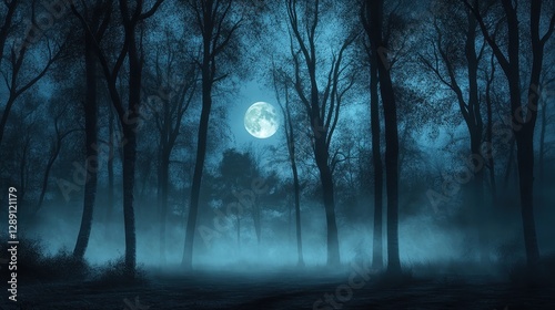 A mesmerizing moonlit forest scene with dense fog, creating an ethereal and mysterious atmosphere.