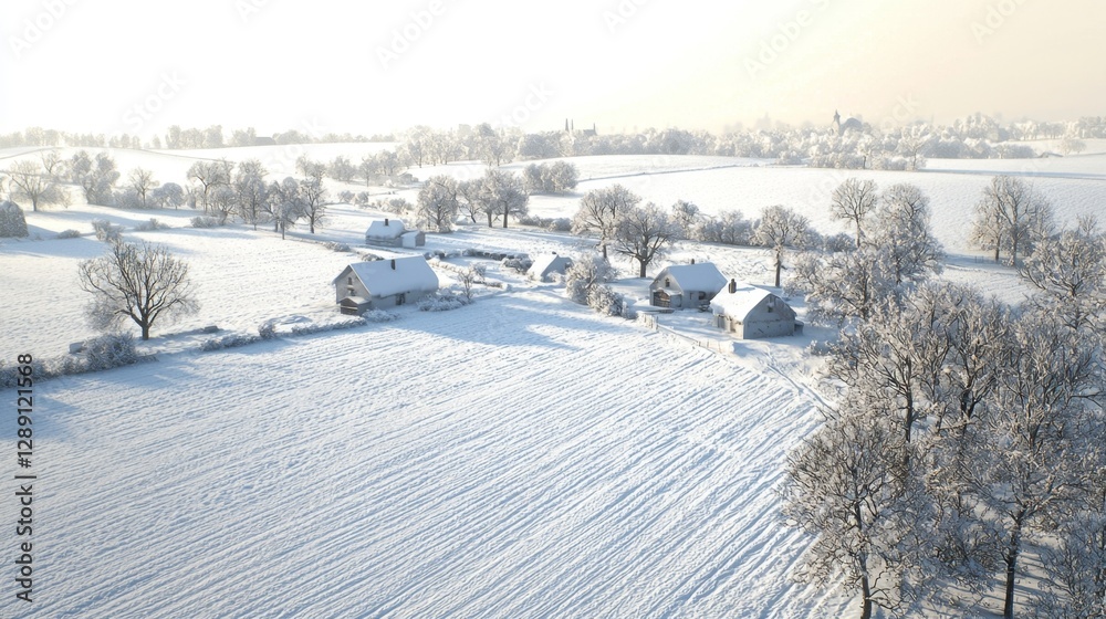 Obraz premium Serene Winter Landscape with Snow-Covered Houses and Frosted Trees in a Quiet Rural Setting at Sunrise