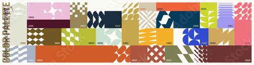 Color palette set, trendy different combined colors with HEX codes, vector banner with colorful ornament of abstract geometric shapes in brutalism style, modern collage postmodern figures photo