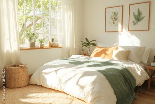 Sunlit bedroom with white bedding  green throw  and natural decor.  Soft light streams through a window  illuminating the room