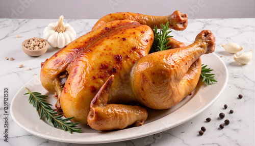 Roasted chicken on a white platter with garlic and herbs