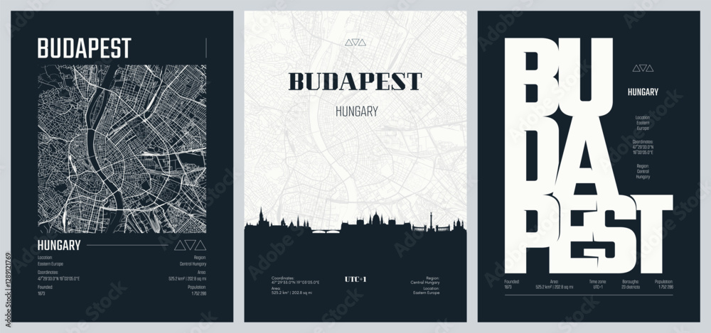 Fototapeta premium Set of travel posters with Budapest, detailed urban street plan city map, Silhouette city skyline, vector artwork, set 2