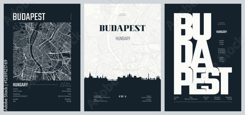 Set of travel posters with Budapest, detailed urban street plan city map, Silhouette city skyline, vector artwork, set 2