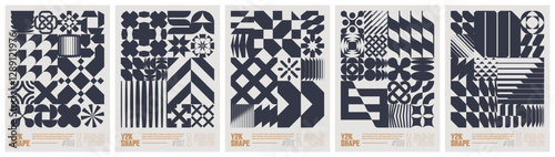 Y2K shape abstract geometric composition in brutalism style, vector minimalistic Posters with silhouette basic form, Retro futuristic graphic elements of geometry postmodern figures, black 2